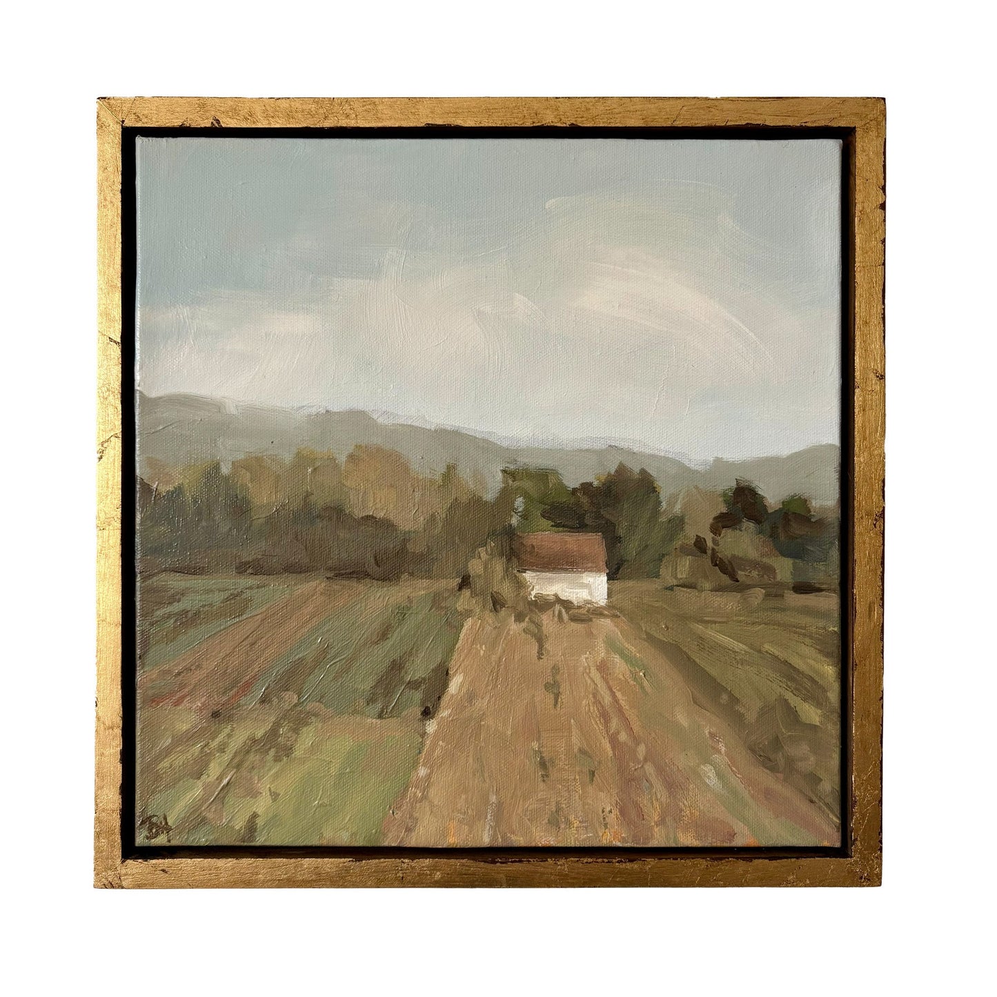 Framed painting of a rural landscape with fields and a house.