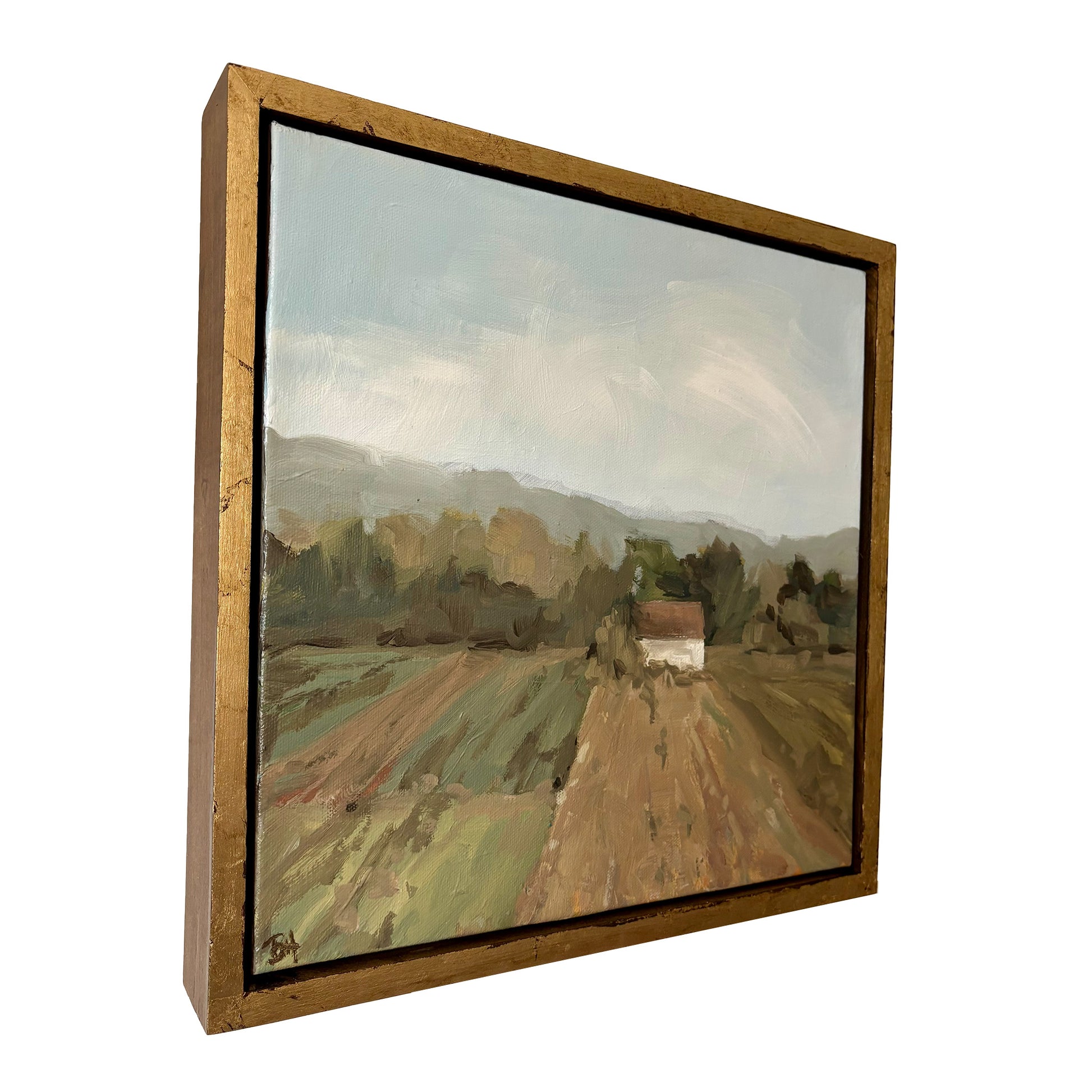 Framed painting of a landscape with a road and trees